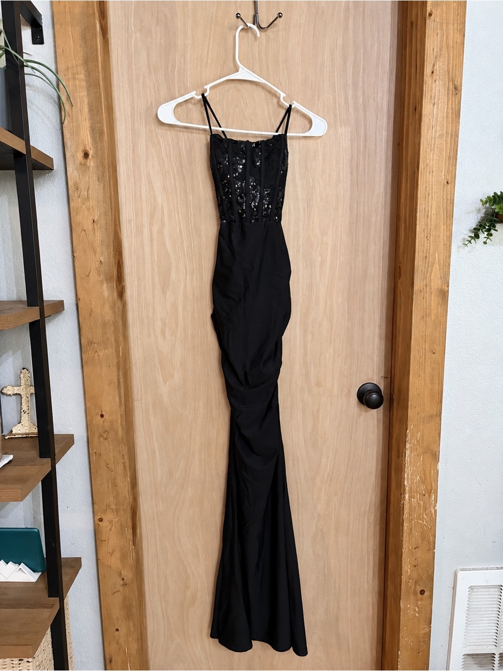 Black Sequin Bodice Spaghetti Strap Formal Dress
